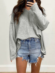 Pockets Solid Color Split-Joint Long Sleeves Loose Round-Neck T-Shirts Tops