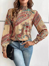 Buttoned Elasticity Flower Print Hollow Split-Joint Long Sleeves Loose Mock Neck Blouses&shirts Tops