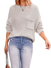 Pockets Solid Color Long Sleeves Loose Round-Neck Sweater Tops Pullovers
