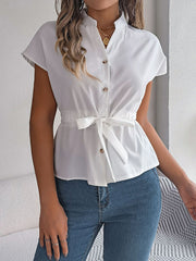 Buttoned Comfort Solid Color Tied Waist Short Sleeves Stand Collar Blouses&Shirts Tops