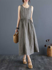 Drawstring Elasticity Plaid Pockets A-Line Loose Round-Neck Midi Dresses