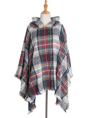 Fringed Hooded Keep Warm Plaid Shawl&Cloak Cape