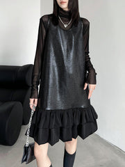 Pleated Split-Joint A-Line Loose U-Neck Mini Dresses