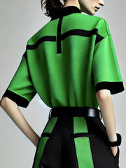 Contrast Color Half Sleeves Loose Lapel Blouses&Shirts Tops
