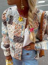 Buttoned Flower Print Pleated Pockets Quilted Split-Joint Long Sleeves Loose Round-Neck Padded Coat
