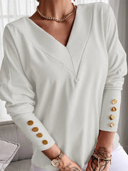 Buttoned Long Sleeves Loose V-Neck T-Shirts Tops
