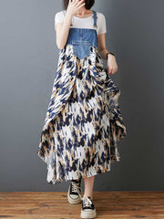 Flower Print Pockets Split-Joint Loose Plus Size Spaghetti-Neck Suspender Dress Maxi Dresses
