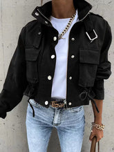 Buttoned Drawstring Pockets Solid Color Split-Joint Zipper Long Sleeves Loose Stand Collar Outerwear Jackets