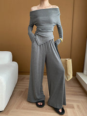 Asymmetric Solid Color Long Sleeves Off-The-Shoulder Shirts Top + High Waisted Pants Bottom Two Pieces Set