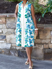 Buttoned Flower Print Loose Sleeveless Lapel Midi Dresses