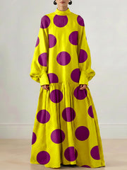 Long Sleeves Loose Big Hemline Contrast Color Pleated Polka Dot Split-Joint Half Turtleneck Maxi Dresses