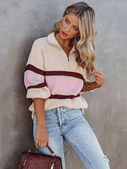 Stylish Loose Solid Color& Contrast Color Striped Lapel Collar Sweater Tops