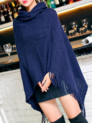 Asymmetric Keep Warm Solid Color Tasseled Loose High Neck Shawl&Cloak Cape