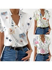 Floral Printed Split-Joint Loose Short Sleeves Stand Collar Blouses&Shirts Tops