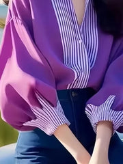 Buttoned Contrast Color Split-Joint Striped Long Sleeves Loose Lapel Blouses&Shirts Tops