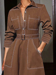 Buttoned Elasticity Pockets Solid Color Long Sleeves Loose Lapel Maxi Dresses
