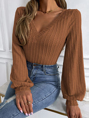Solid Color Long Sleeves Puff Sleeves V-Neck T-Shirts Tops