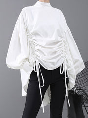 Drawstring Cropped Loose Stand Collar Shirt