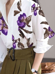 Flower Print Long Sleeves Loose Stand Collar Blouses&Shirts Tops