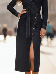 Belted Buttoned Solid Color Split-Side Long Sleeves Lapel Midi Dresses