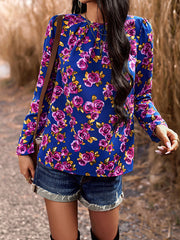 Flower Print Pleated Long Sleeves Loose Round-Neck T-Shirts Tops