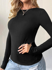 Backless Knot Solid Color Long Sleeves Skinny Round-Neck T-Shirts Tops