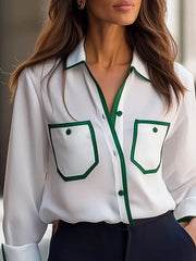 Buttoned Contrast Color Pockets Long Sleeves Loose Lapel Blouses&Shirts Tops
