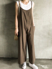 Black&Khaki Casual Spaghetti-Neck Loose Wide-Leg Overalls