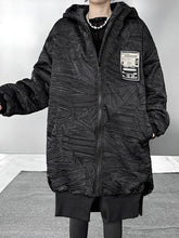 Abstract Printed Contrast Color Split-Joint Zipper High-Low Irregularity Hooded Overcoat Outerwear