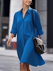 Long Sleeves Loose Solid Color Split-Joint Lapel Midi Dresses Shirt Dress