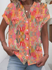 Buttoned Printed Loose Short Sleeves V-Neck Blouses&Shirts Tops