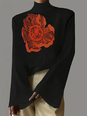 Flower Print Flared Sleeves Long Sleeves High Neck T-Shirts Tops