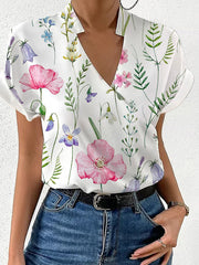 Floral Printed Split-Joint Loose Short Sleeves Stand Collar Blouses&Shirts Tops