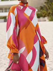 Printed A-Line Long Sleeves Mock Neck Midi Dresses