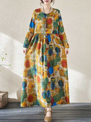 Pleated Polka-Dot Split-Joint A-Line Long Sleeves Round-Neck Maxi Dresses