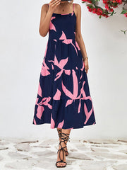 Contrast Color Floral Printed Loose Sleeveless Spaghetti-Neck Midi Dresses