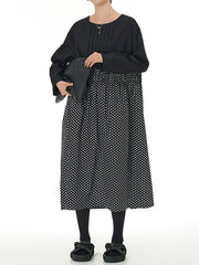 Contrast Color Elasticity Pleated Polka-Dot Split-Joint Long Sleeves Loose Round-Neck Midi Dresses
