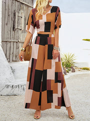 V-Neck Half Sleeves Backless Contrast Color Tied T-shirt Top + Pockets High Waisted Pants Bottom Two Pieces Set