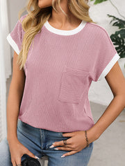 Colorful Contrast Color Pockets Loose Short Sleeves Round-neck T-Shirts Tops