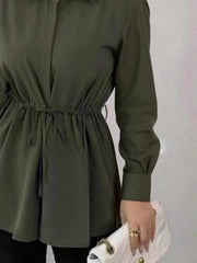 Drawstring Pleated Solid Color Tied Waist Elasticated Waist Long Sleeves Lapel Blouses&Shirts Tops