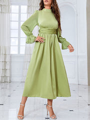 Flared Sleeves Wrap Belted Pleated Solid Color Stand Collar Midi Dresses