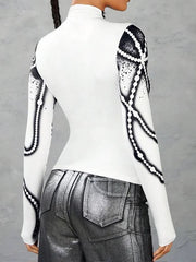 Printed Striped Long Sleeves Skinny High Neck T-Shirts Tops