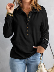 Buttoned Solid Color Split-Joint Long Sleeves Loose Lapel T-Shirts Tops