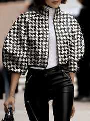 Loose Puff Sleeves Houndstooth Stand Collar Outerwear