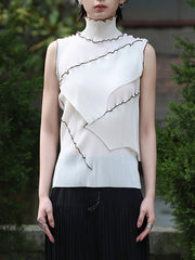 Asymmetric Color-Block Pleated Split-Joint Skinny Sleeveless High-Neck Vest Top