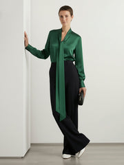 Solid Color Streamer Long Sleeves Loose V-Neck Blouses&Shirts Tops