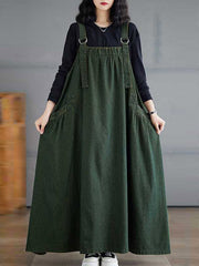 Pleated Pockets Solid Color Split-Joint A-Line Loose Spaghetti-Neck Suspender Dress