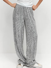 Elasticity Sequined Shiny Split-Joint Loose Straight Leg Trousers Pants