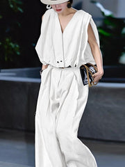 Loose Sleeveless Pleated Split-Joint V-Neck Blouses&Shirts Tops