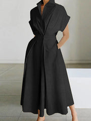 Buttoned Pleated Pockets Solid Color High Waisted Loose Stand Collar Midi Dresses